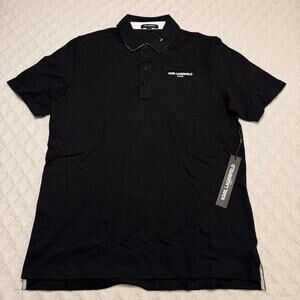 NWT KARL LAGERFELD PARIS MEN'S BLACK PATCH POLO. SHORT SLEEVE SHIRT Large